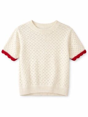 Zara Cream Short Sleeve Eyelet Knit Top with Red Scallop Trim